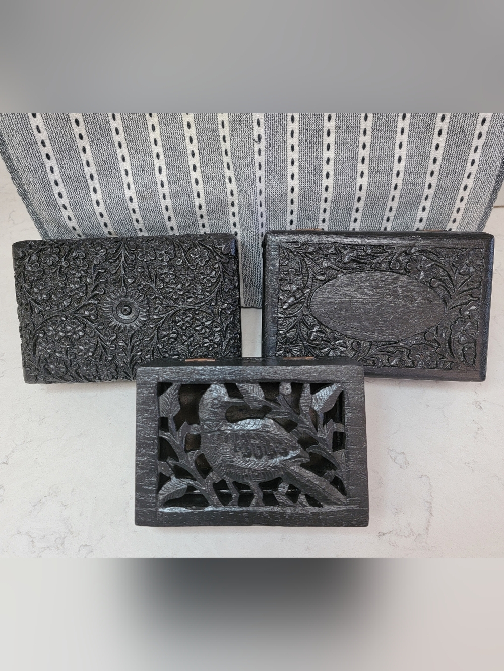 Vintage Curated Set of 3 Hand-Carved Wood Boxes – Intricate Floral & Bird Relief